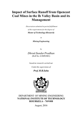 Impact of Surface Runoff from Opencast Coal Mines in the Ib Valley Basin and Its Management