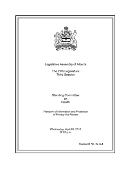 Legislative Assembly of Alberta the 27Th Legislature Third Session