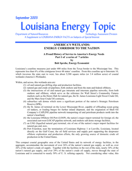 Louisiana Energy Topic Department of Natural Resources Technology Assessment Division a Supplement to LOUISIANA ENERGY FACTS on Subjects of Special Interest