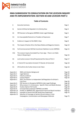 Nma Submission to Consultation on the Leveson Inquiry and Its Implementation: Section 40 and Leveson Part 2