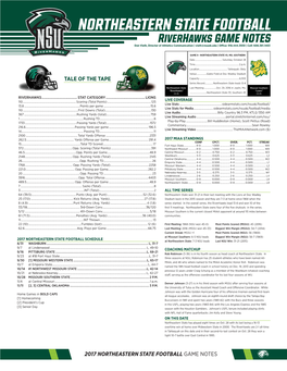 NORTHEASTERN STATE FOOTBALL SCHEDULE at Northeastern State: 7-3 NSU Leads Last NSU Win: 31-21 (2015) 8/31 WASHBURN