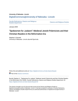 "Spokesmen for Judaism": Medieval Jewish Polemicists and Their Christian Readers in the Reformation Era