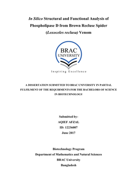 In Silico Structural and Functional Analysis of Phospholipase D from Brown Recluse Spider (Loxoceles Reclusa) Venom