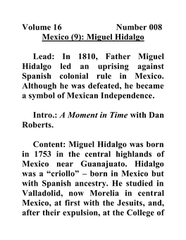 Volume 16 Number 008 Mexico (9): Miguel Hidalgo Lead: in 1810