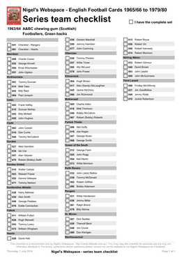 Series Team Checklist I Have the Complete Set 1963/64 A&BC Chewing Gum (Scottish) Footballers, Green Backs