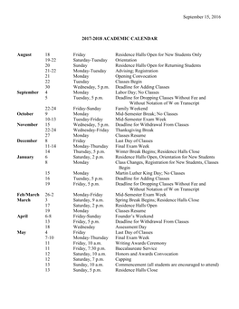 September 15, 2016 2017-2018 ACADEMIC CALENDAR August 18