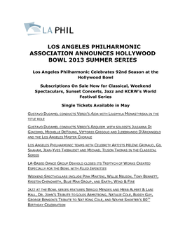 Los Angeles Philharmonic Association Announces Hollywood Bowl 2013 Summer Series