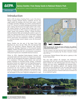 Quincy Smelter: from Stamp Sands to National Historic Park the QUINCY SMELTER SUPERFUND SITE in HOUGHTON COUNTY, MICHIGAN