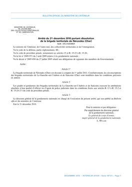 Arrêté Du 21 Décembre 2010 Portant Dissolution De La Brigade Territoriale