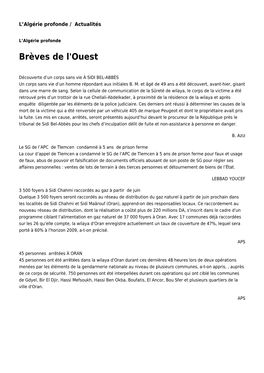 Brèves De L'ouest: Toute L'actualité Sur Liberte-Algerie.Com