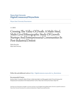 A Multi-Sited, Multi-Level Ethnographic Study of Growth Startups and Entrepreneurial Communities in Post-Industrial Detroit Marlo Rencher Wayne State University