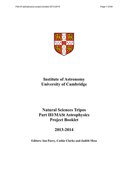 Institute of Astronomy University of Cambridge Natural Sciences Tripos Part III/Mast Astrophysics Project Booklet 2013-2014