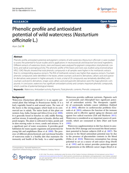 Phenolic Profile and Antioxidant Potential of Wild Watercress (Nasturtium Officinale L.) Alam Zeb*