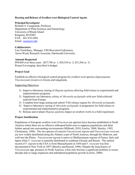 Rearing and Release of Swallow-Wort Biological Control Agents Principal Investigator Richard A