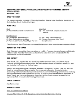 SOUND TRANSIT OPERATIONS and ADMINISTRATION COMMITTEE MEETING Summary Minutes November 1, 2018