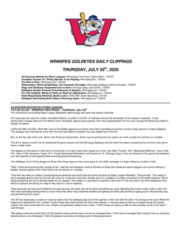 Winnipeg Goldeyes Daily Clippings Thursday, July 30