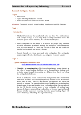 Introduction to Engineering Seismology Lecture 1 Dr. P