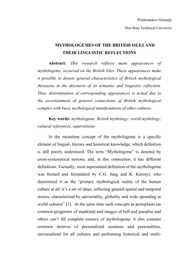 MYTHOLOGEMES of the BRITISH ISLES and THEIR LINGUISTIC REFLECTIONS Abstract: This Research Reflects Main Appearances of Mythol