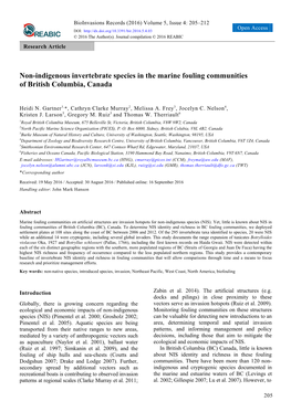 Non-Indigenous Invertebrate Species in the Marine Fouling Communities of British Columbia, Canada