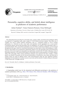 Personality, Cognitive Ability, and Beliefs About Intelligence As Predictors of Academic Performance