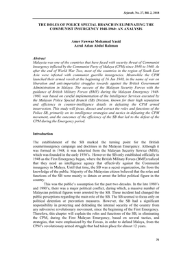 THE ROLES of POLICE SPECIAL BRANCH in ELIMINATING the COMMUNIST INSURGENCY 1948-1960: an ANALYSIS Amer Fawwaz Mohamad Yasid Azru