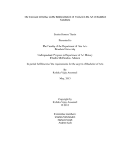 The Classical Influence on the Representation of Women in the Art of Buddhist Gandhara Senior Honors Thesis Presented to The