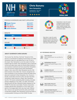 Chris Sununu New Hampshire Inauguration: Jan 2017 10 NH Next Election: 2020 State Control Party Governor Party Democrat Republican OVERALL RANK
