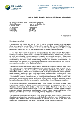 Letter from Sir Michael Scholar to Sir Jeremy Heywood and Sir Bob