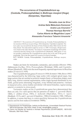 The Occurrence of Crepidobothrium Sp. (Cestoda, Proteocephalidae) in Bothrops Moojeni (Hoge) (Serpentes, Viperidae)