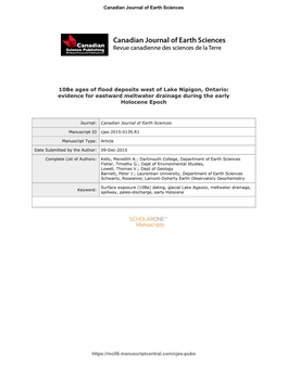 10Be Ages of Flood Deposits West of Lake Nipigon, Ontario: Evidence for Eastward Meltwater Drainage During the Early Holocene Epoch