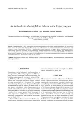 An Isolated Site of Calciphilous Lichens in the Kujawy Region