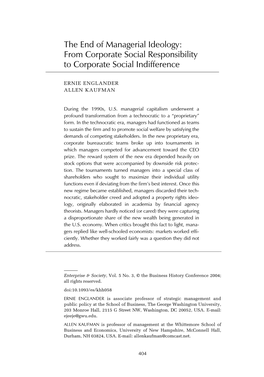 The End of Managerial Ideology: from Corporate Social Responsibility to Corporate Social Indifference