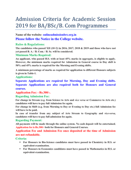 Admission Criteria for Academic Session 2019 for BA/Bsc/B. Com Programmes