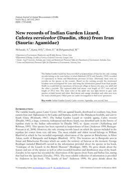 New Records of Indian Garden Lizard, Calotes Versicolor (Daudin, 1802) from Iran (Sauria: Agamidae)