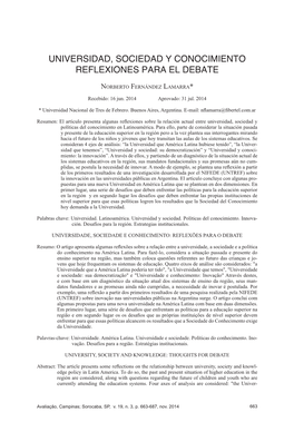 Universidad, Sociedad Y Conocimiento Reflexiones Para El Debate