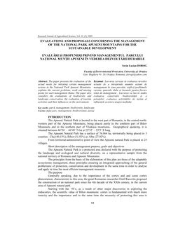 Evaluations and Proposals Concerning the Management of the National Park Apuseni Mountains for the Sustainable Development