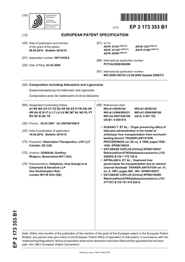 Composition Including Adenosine and Lignocaine Zusammensetzung Mit Adenosin Und Lignocain Composition Avec De L’Adénosine Et De La Lidocaïne