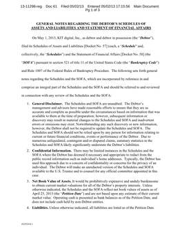 GENERAL NOTES REGARDING the DEBTOR's SCHEDULES of ASSETS and LIABILITIES and STATEMENT of FINANCIAL AFFAIRS on May 1, 2013