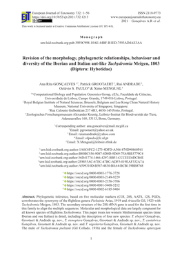 Revision of the Morphology, Phylogenetic Relationships, Behaviour and Diversity of the Iberian and Italian Ant-Like Tachydromia Meigen, 1803 (Diptera: Hybotidae)