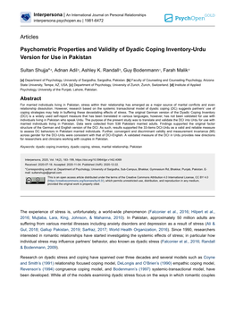 Psychometric Properties and Validity of Dyadic Coping Inventory-Urdu Version for Use in Pakistan