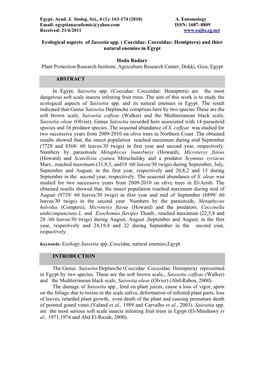 Ecological Aspects of Sassetia Spp. ( Coccidae: Coccoidae: Hemiptera) and Thier Natural Enemies in Egypt