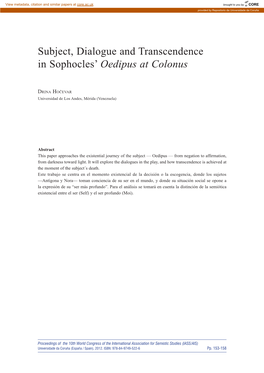 Subject, Dialogue and Transcendence in Sophocles' Oedipus at Colonus