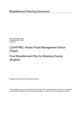 Hunan Flood Management Sector Project: Final Resettlement Plan