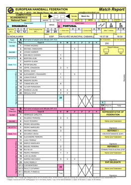 Match Report Fax: +43 - 1 - 80151 - 149 / Mobile Phone: +43 - 664 - 4105243 Comp@Eurohandball.Com COMPETITION Male Female Match No