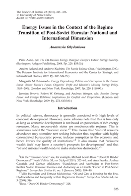 Energy Issues in the Context of the Regime Transition of Post-Soviet Eurasia: National and International Dimension