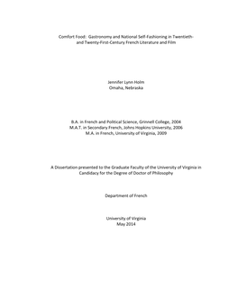 Comfort Food: Gastronomy and National Self-Fashioning in Twentieth- and Twenty-First-Century French Literature and Film