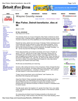 Max Fisher, Detroit Benefactor, Dies at 96 Wayne County News