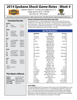2014 Spokane Shock Game Notes - Week 4 Spokane Shock (1-1) @ San Jose Sabercats (2-1) Friday, April 4, 2014 - 7:30 PM San Jose, CA - SAP Center