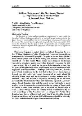 William Shakespeare's the Merchant of Venice: a Tragicomedy and a Comedy Proper a Research Paper Written