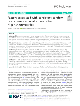 Factors Associated with Consistent Condom Use: a Cross-Sectional Survey of Two Nigerian Universities Anthony Idowu Ajayi1* , Kafayat Olanike Ismail2 and Wilson Akpan3